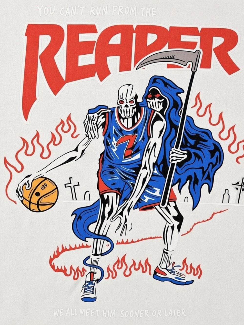 Grim Reaper Basketball Skeleton Graphic White Tee | Streetwear Fit